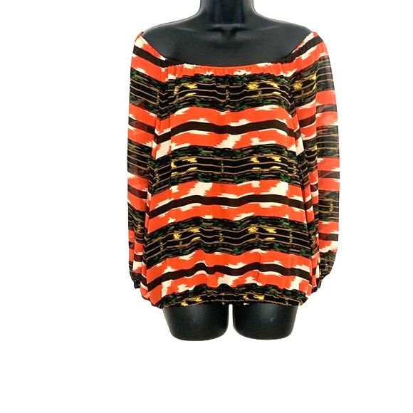 Vince CAMUTO Printed Boho Pattern Off Shoulder Long Sleeve Blouse Brown Medium - Picture 8 of 12